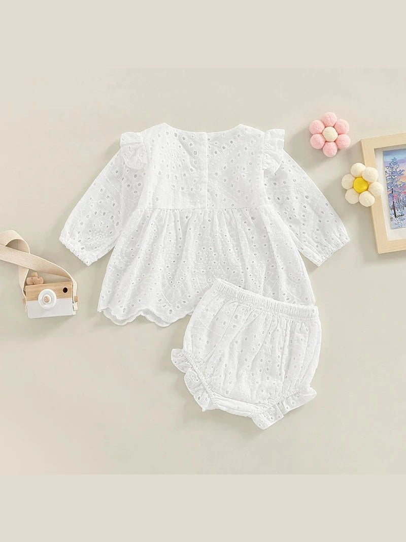 Newborn Baby Girls 0 - 24M Solid Ruffles Long Sleeve Pleated Dress+Shorts Bloomers Cotton Outfits - Hands & Toes