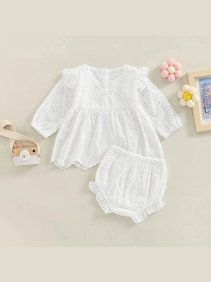 Newborn Baby Girls 0 - 24M Solid Ruffles Long Sleeve Pleated Dress+Shorts Bloomers Cotton Outfits - Hands & Toes