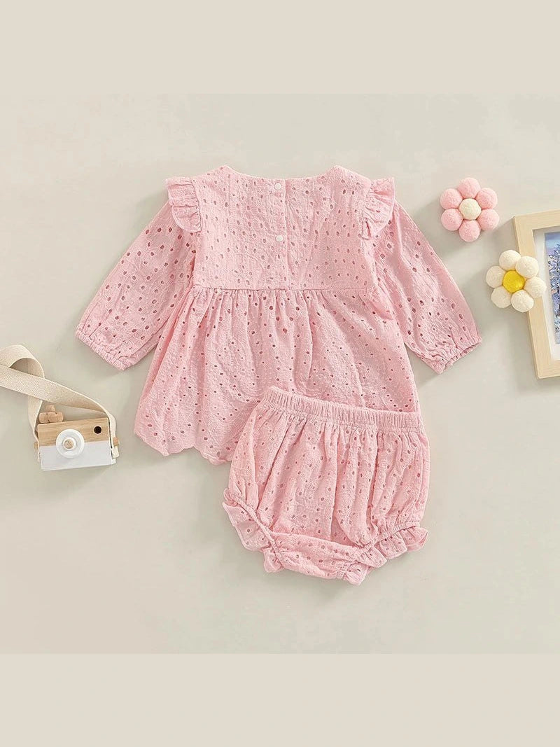 Newborn Baby Girls 0 - 24M Solid Ruffles Long Sleeve Pleated Dress+Shorts Bloomers Cotton Outfits - Hands & Toes