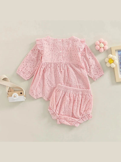 Newborn Baby Girls 0 - 24M Solid Ruffles Long Sleeve Pleated Dress+Shorts Bloomers Cotton Outfits - Hands & Toes
