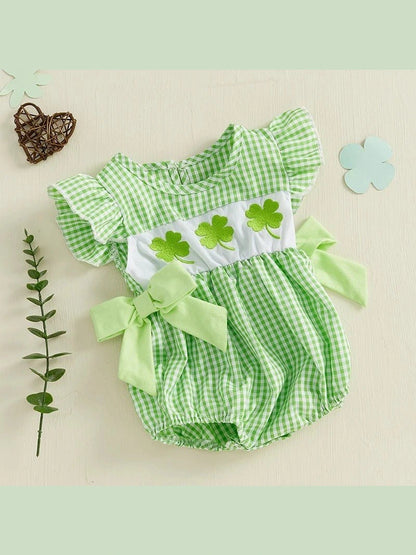 St Patrick's Day Baby Girl Outfit Infant Plaid Bubble Romper Shamrock Embroidery Irish Day Spring Clothes - Hands & Toes