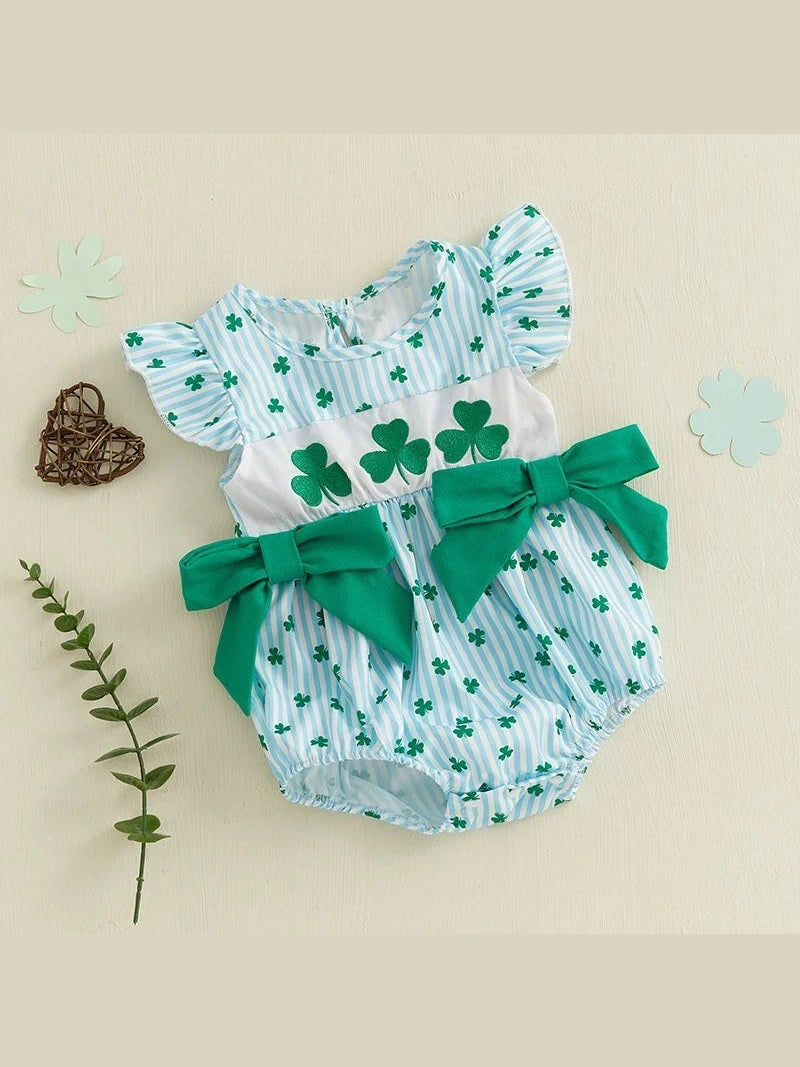 St Patrick's Day Baby Girl Outfit Infant Plaid Bubble Romper Shamrock Embroidery Irish Day Spring Clothes - Hands & Toes