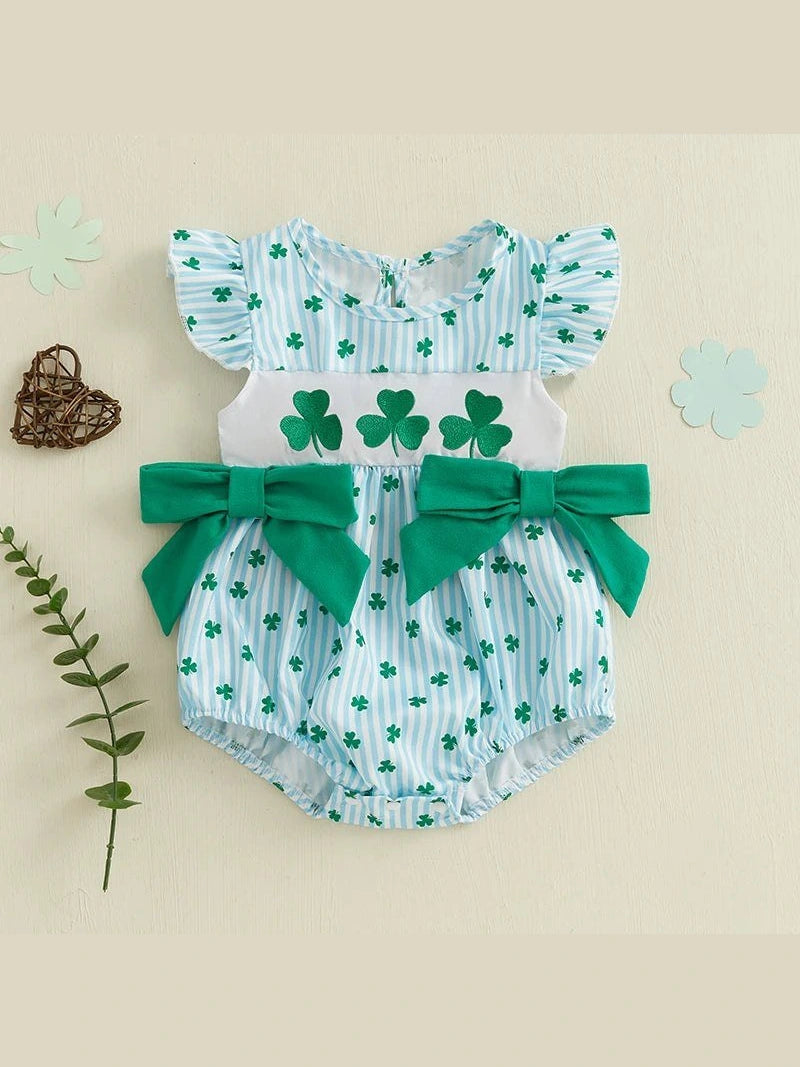 St Patrick's Day Baby Girl Outfit Infant Plaid Bubble Romper Shamrock Embroidery Irish Day Spring Clothes - Hands & Toes