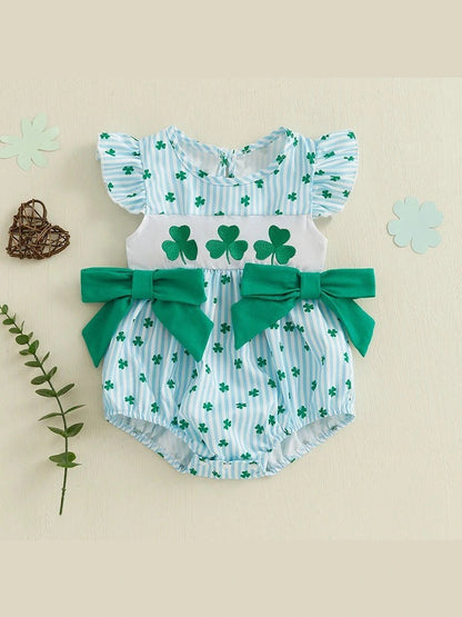 St Patrick's Day Baby Girl Outfit Infant Plaid Bubble Romper Shamrock Embroidery Irish Day Spring Clothes - Hands & Toes