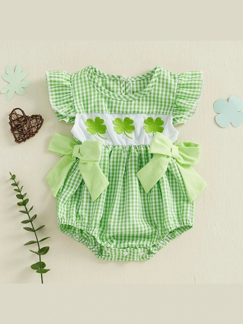 St Patrick's Day Baby Girl Outfit Infant Plaid Bubble Romper Shamrock Embroidery Irish Day Spring Clothes - Hands & Toes