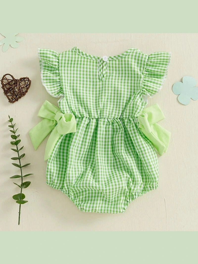 St Patrick's Day Baby Girl Outfit Infant Plaid Bubble Romper Shamrock Embroidery Irish Day Spring Clothes - Hands & Toes